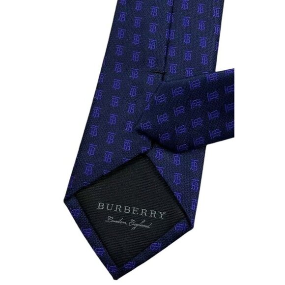 NWOT BURBERRY Men's 100% Silk Necktie LUXURY Navy Purple Monogram Logo W:2.7" - Picture 5 of 5